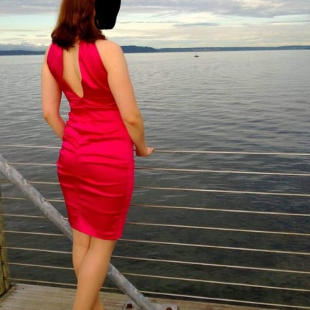 Fuchsia Satin Bodycon Halter Ruched Dress with Gold Omega Chain collar necklace